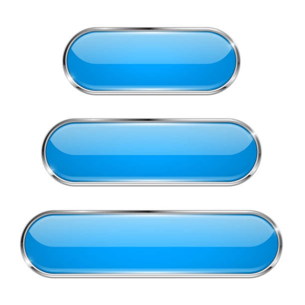 ilustrações, clipart, desenhos animados e ícones de botão oval azul. ícones de menu 3d vidro com armação de metal - ellipse interface icons shiny glass