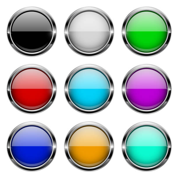 ilustrações, clipart, desenhos animados e ícones de botões 3d de vidro colorido com moldura cromada. ícones redondos - ellipse interface icons shiny glass