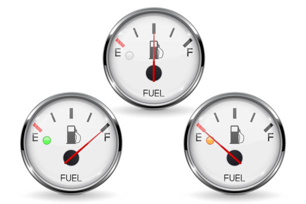 датчик топлива. набор круглых белых приборных панелей автомобиля 3d устройств с хромированной рамой - gas fuel pump symbol metal stock illustrations