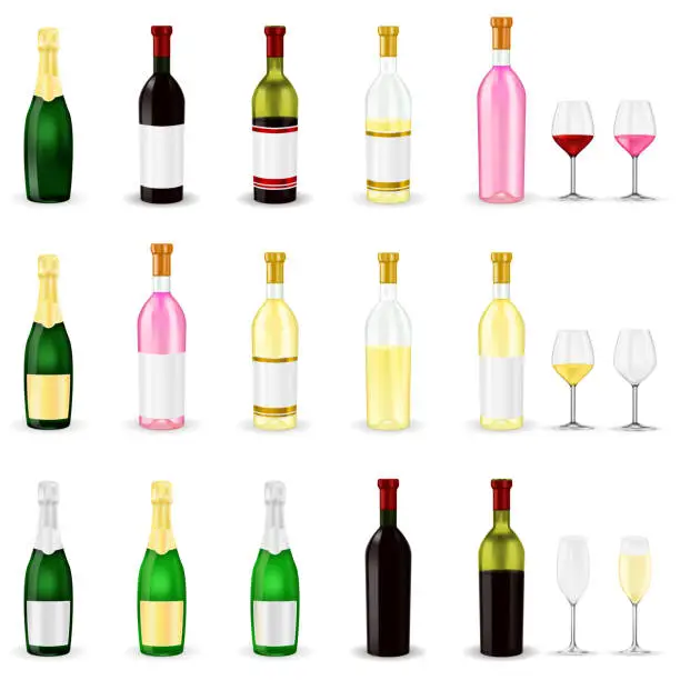 Vector illustration of Wine. Set of 3d wine and champagne bottles and glasses