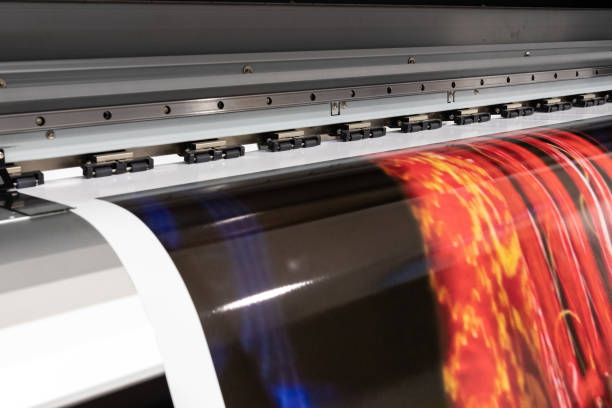 istock Big printer in professional facility during color sampling test. Indoor, industrial activity. 1033149684