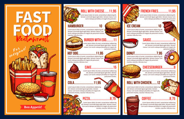 ilustraciones, imágenes clip art, dibujos animados e iconos de stock de menú de comida rápida con comida para llevar comida y bebidas - hamburger refreshment hot dog bun