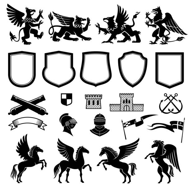 heraldische designelemente mit tieren und schilde - pegasus stock-grafiken, -clipart, -cartoons und -symbole
