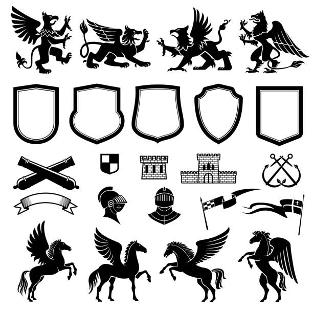 Heraldic design elements with animals and shields Heraldic animals and design elements for coat or arms and insignia template. Medieval shield, knight and flag, griffin, pegasus and ribbon banner, tower, crossed weapon and anchor for heraldry design pegasus stock illustrations