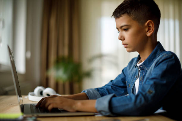istock Teenage boy using laptop at home 1033164836