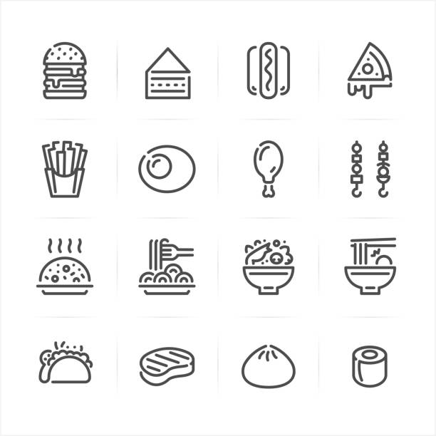 ilustraciones, imágenes clip art, dibujos animados e iconos de stock de iconos de alimentos - hamburger refreshment hot dog bun