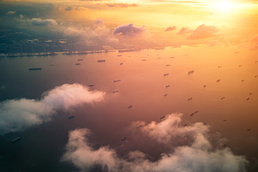 Aerial view of shipping containers at sunset,shanghai,china.