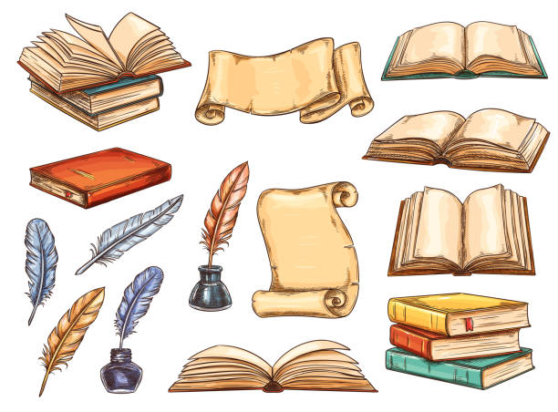 Old book, scroll and vintage feather pen sketch Old book and scroll with vintage feather pen and ink sketch set. Pile of retro book and antique parchment with empty page, colorful quill and inkwell icon for education and literature themes design open letter icon stock illustrations