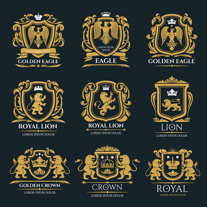 Heraldic lion and eagle shield badges. Medieval mythical animals and birds golden symbols, decorated with crown, ribbon banner and victorian leaf scroll for king or knight coat of arms design