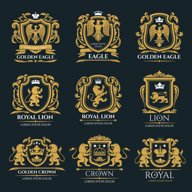 Heraldic coat of arms with lion and eagle Heraldic lion and eagle shield badges. Medieval mythical animals and birds golden symbols, decorated with crown, ribbon banner and victorian leaf scroll for king or knight coat of arms design animals crest stock illustrations