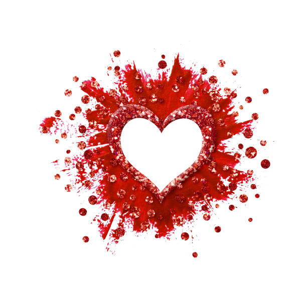 Glitter heart and confetti on red brushstrokes isolated on white background. Decoration for Valentineâs Day.