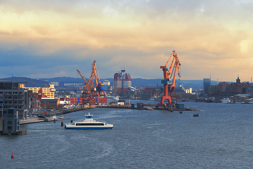 Gothenburg, Sweden - cargo port with cranes and ships
