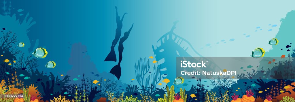 Underwater panorama -freedivers, fishes, coral reef and sea. Underwater panoramic marine wildlife.  Vector nature illustration. Silhouette of two free divers and coral reef with fishes on a blue sea. Reef stock vector