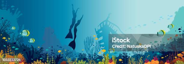Underwater Panorama Freedivers Fishes Coral Reef And Sea Stock Illustration - Download Image Now