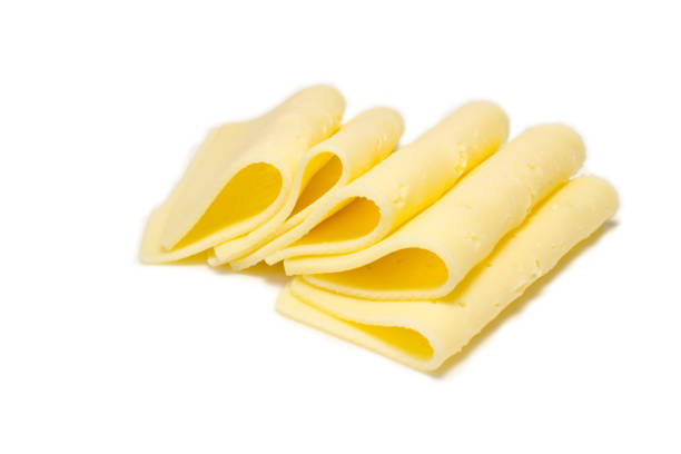 화이트 베이스에 치즈 슬라이스 - cheese portion emmental cheese yellow 뉴스 사진 이미지