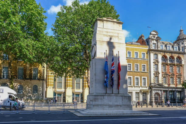 Front facing vie of the Cenotaph War Memorial in Whitehall Whitehall, London, UK - June 8, 2018:View of the Cenotaph War memorial in the centre of Whitehall on abright sunny day 1910 1919 photos stock pictures, royalty-free photos & images