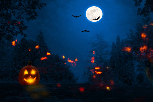 istock flying bats, spectres, jack lantern in the halloween night 1033239520
