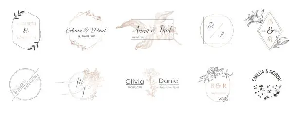 Vector illustration of Wedding monogram collection, Modern Minimalistic and Floral templates for Invitation cards, Save the Date, Logo identity for restaurant, boutique, cafe in vector