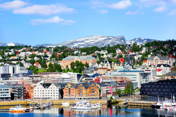 Tromso harbour, Norway Panoramic View of Tromso harbour, North Norway finnmark stock pictures, royalty-free photos & images