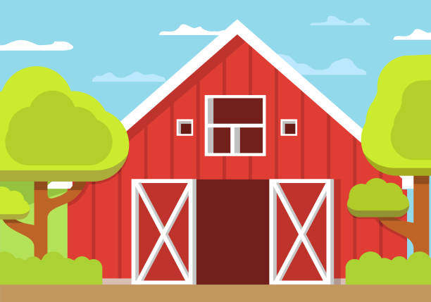 Rural Landscape Farm Wooden Barn Open Gate Flat Vector Stock Illustration -  Download Image Now - iStock