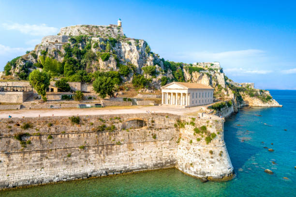 Hellenic temple and old castle at Corfu, Greece stock photo