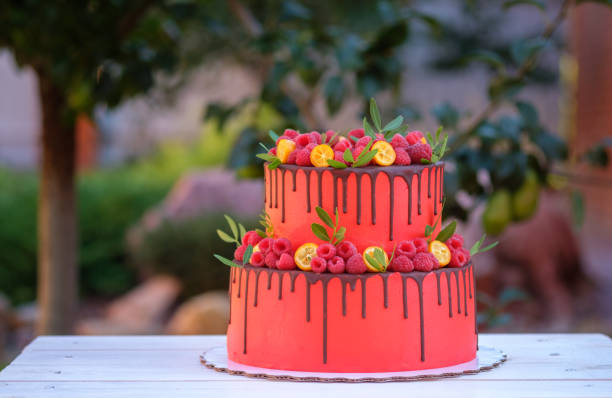 赤クリームとラズベリーの 2 つの層のウェディング ケーキ - large cheese beautiful red ストックフォトと画像
