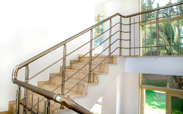 Stairs in the building with metal handrail Stairs in the building with metal handrail balustrade stock pictures, royalty-free photos & images