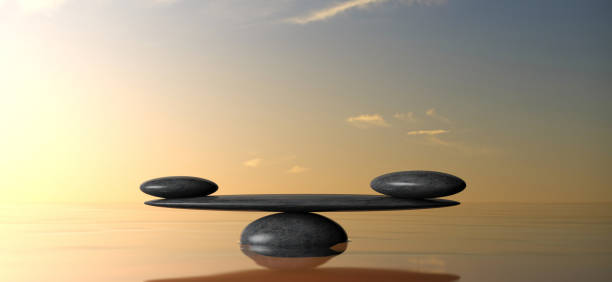 istock Zen balancing stones on water, sky on sunset background. 3d illustration 1033270700