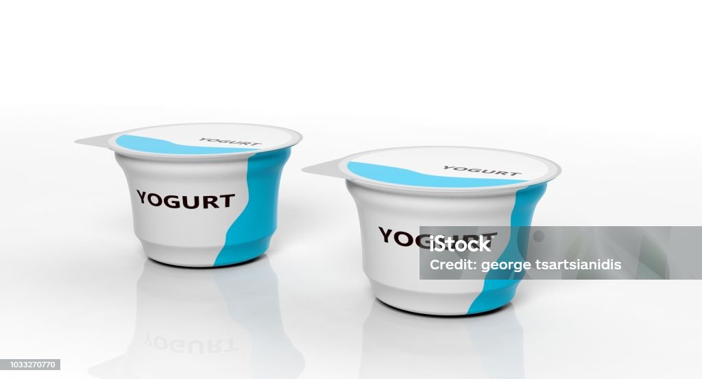 Two yogurts isolated on white background. 3d illustration Dairy products. Two yogurts isolated on white background. 3d illustration Yogurt Stock Photo