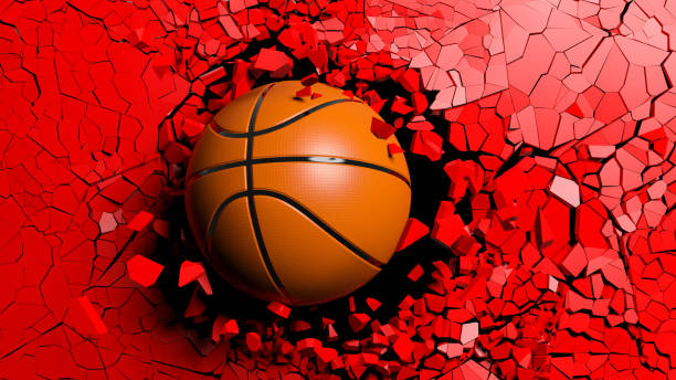 istock Basketball ball breaking forcibly through a red wall. 3d illustration. 1033270784