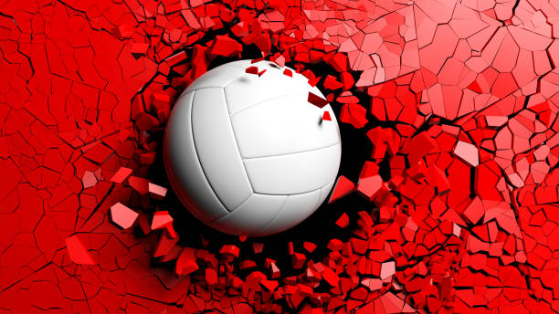 istock Volleyball ball breaking forcibly through a red wall. 3d illustration. 1033270816