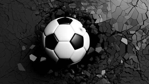 istock Soccer ball breaking forcibly through a black wall. 3d illustration. 1033270830