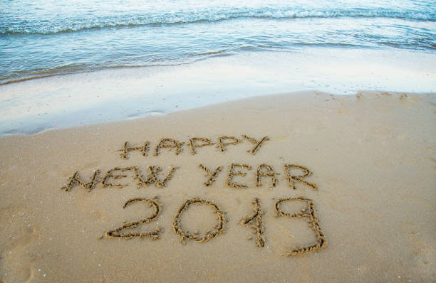 istock Happy new year written on the sand 1033271500