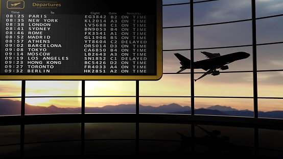 3D rendering illustration of departures digital timetable against of evening sky with flying aircraft