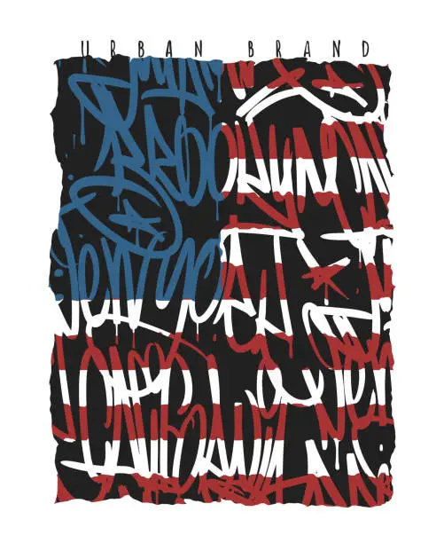 Vector illustration of American flag Brooklyn New York Miami California graffiti seamless pattern, t-shirt graphics.