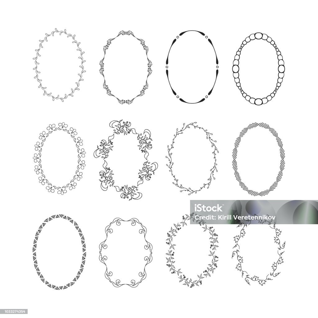 Vintage oval hand drawn frames set, vector isolated design elements. Ellipse stock vector