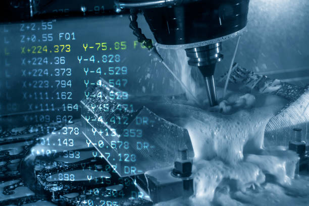 istock The abstract scene of 5-axis CNC milling machine and the G-code data cutting the tire mold part. 1033278412