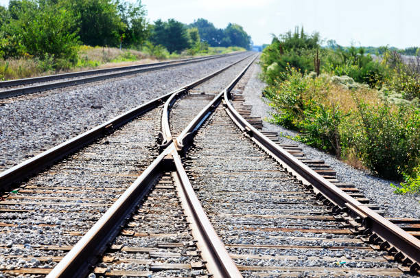 Railroad tracks converging together Multiple railroad track converging together in a rural setting railroad track stock pictures, royalty-free photos & images