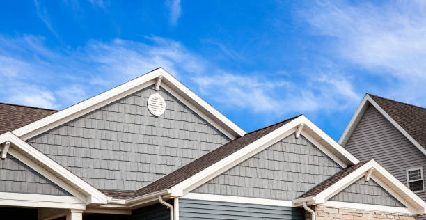 istock Roof, grey vinyl siding, soffit, gutters on newly built home 1033284512