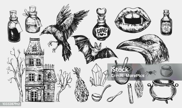 Halloween Set With Hanted House Raven Potion Bat Vampire Mouth Hand Drawn Illustration Converted To Vector Stock Illustration - Download Image Now
