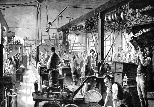 Manufacture of electric lamps Illustration from 19th century industrial revolution stock illustrations