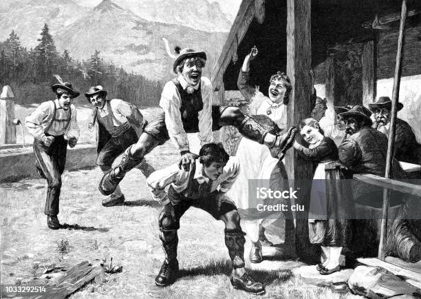Holiday Pleasure In The Country Men Jump Over The Backs Of Others Stock Illustration - Download Image Now