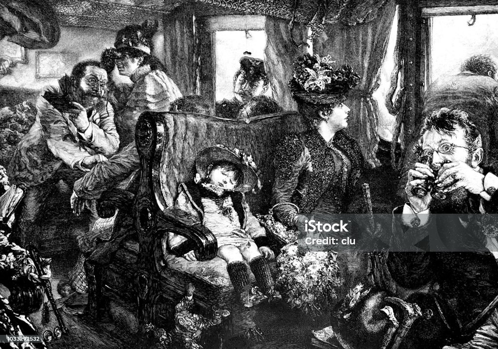 Family in a train compartment traveling through nature Illustration from 19th century 1890-1899 stock illustration