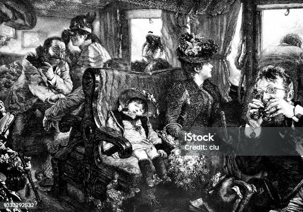 Family In A Train Compartment Traveling Through Nature Stock Illustration - Download Image Now