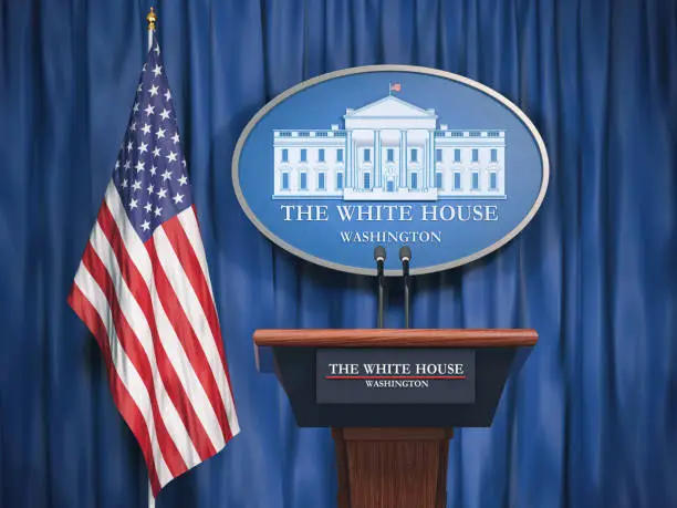 Politics of White House and President of USA United states concept.  Podium speaker tribune with USA flags and sign of White House. 3d illustration