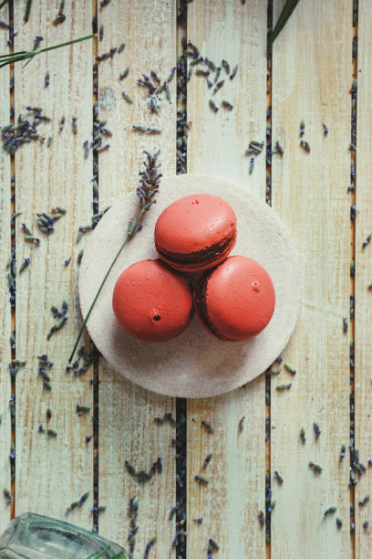 istock Pink macaroons and natural flowers on light wooden table 1033293096