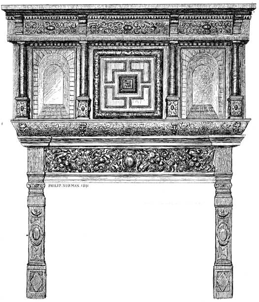 illustrazioni stock, clip art, cartoni animati e icone di tendenza di incisione vittoriana in bianco e nero di un camino decorato nelle camere di crosby hall; english illustrated magazine 1892 - victorian style fireplace mantelpiece victorian architecture