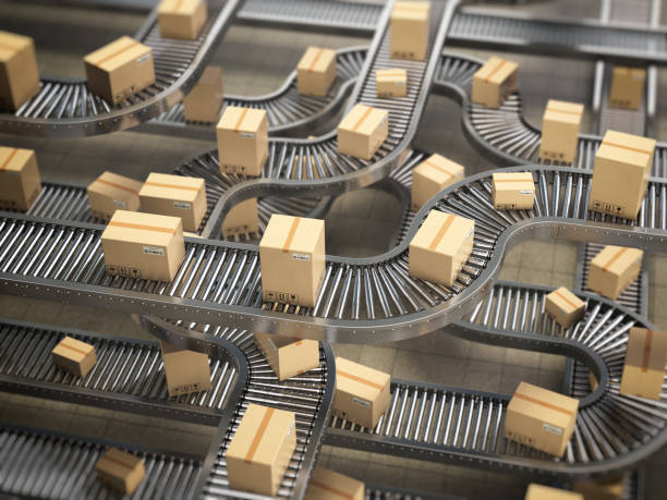 istock Cardboard boxes on conveyor roller in distribution warehouse, Delivery and packaging service concept background. 1033293104