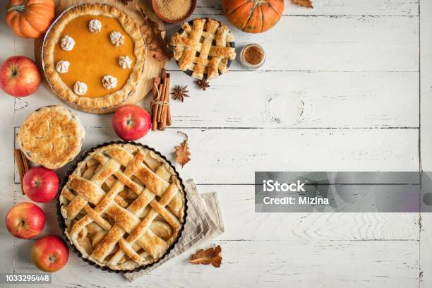 Thanksgiving Pumpkin And Apple Various Pies Stock Photo - Download Image Now - Thanksgiving - Holiday, Sweet Pie, Backgrounds