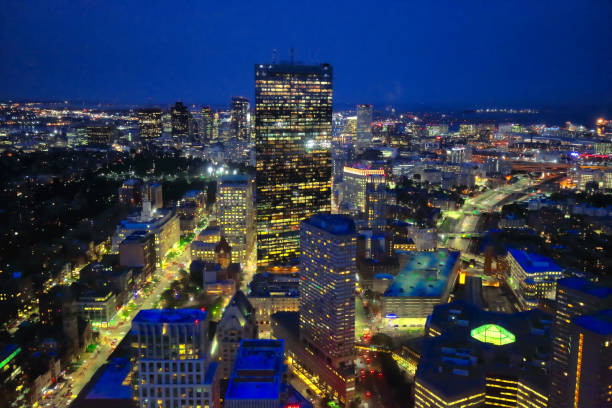 boston panoramic view from prudential tower observation deck - boston skyline charles river river imagens e fotografias de stock